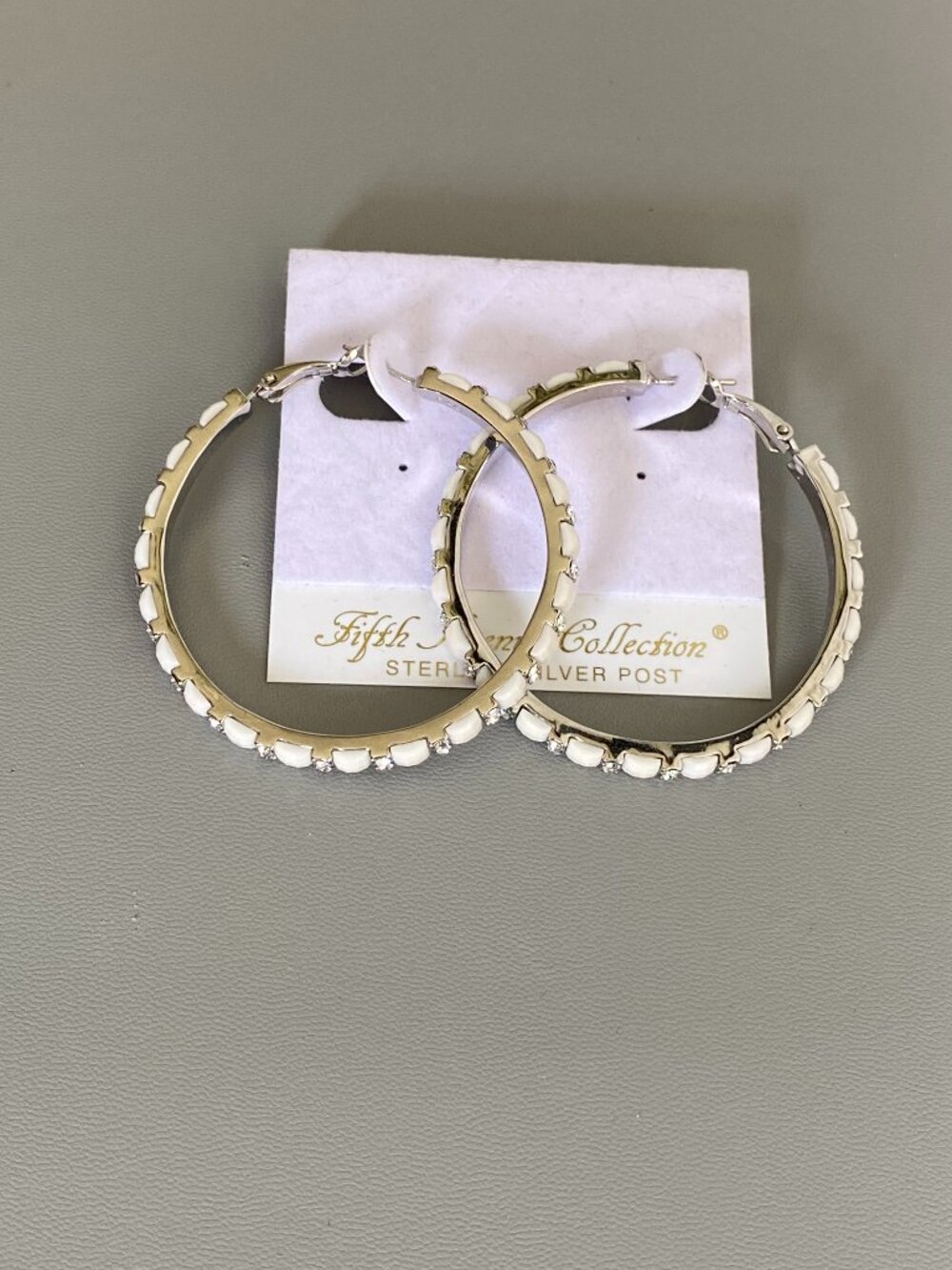 Fifth Avenue Ivory Enamel Swarovski Crystal Hoop Earrings Sterling Silver Post - Picture 2 of 7